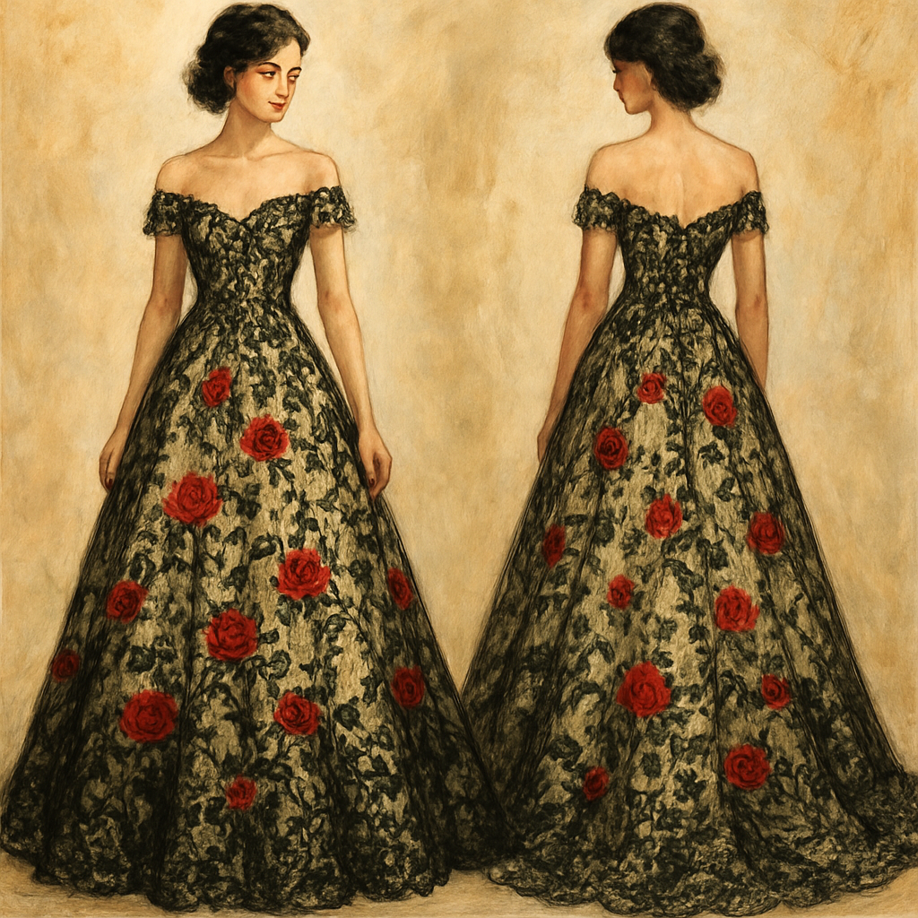 Lace wedding dress,black and champagne color, off the shoulder sleeves, and red roses and green vines embroidered on the dress.
Lace wedding dress,black and champagne color, off the shoulder sleeves, and red roses and green vines embroidered on the dress., artsy style, show front and back