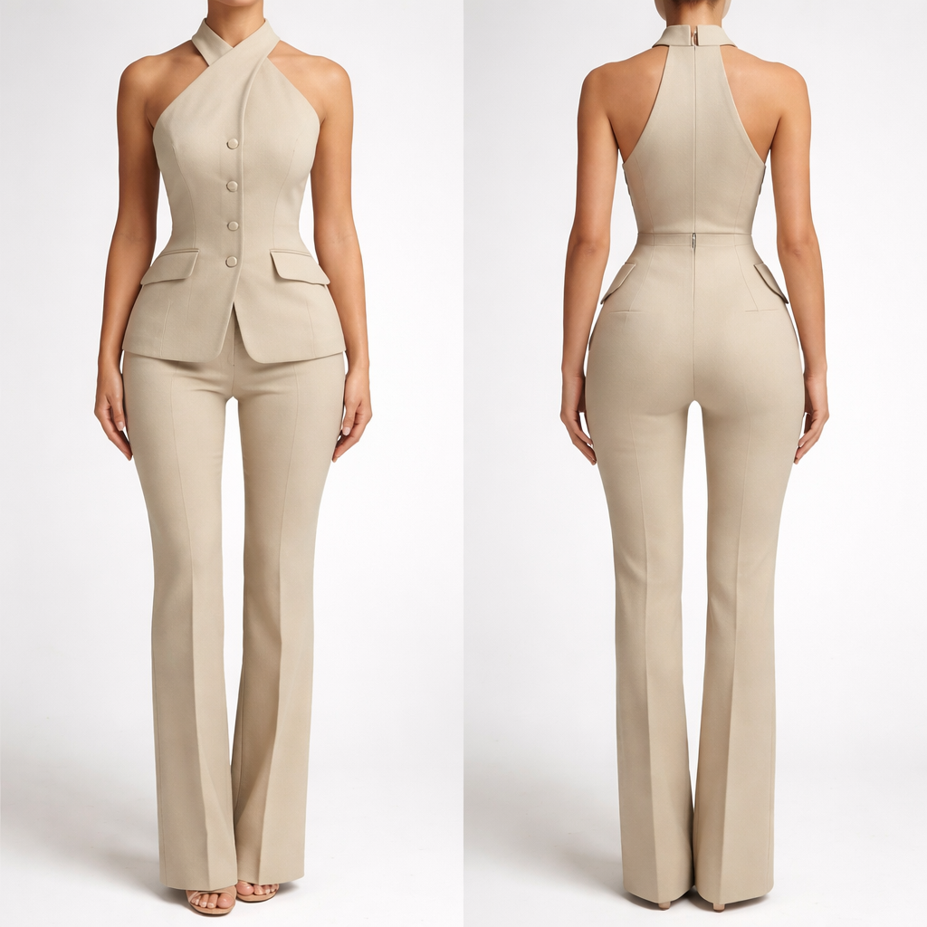 Two piece suit set. Only 3 buttons straight down in the middle on the top on a breasted halter crossed neck top. Thick material. No skin showing at gap of top!!!!!!!Full coverage.All beige, symmetrical pockets only on sides/top piece, no drooping pockets. No back pockets. Extenuate small waist and curvaceous hips. No crop top. Show top to bottom.
Two piece suit set. Only 3 buttons straight down in the middle on the top on a breasted halter crossed neck top. Thick material. No skin showing at gap of top!!!!!!!Full coverage.All beige, symmetrical pockets only on sides/top piece, no drooping pockets. No back pockets. Extenuate small waist and curvaceous hips. No crop top. Show top to bottom. , business style, show front and back