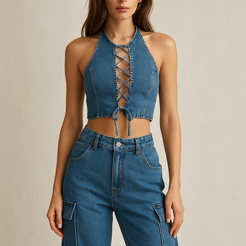 Mid rise denim cargo pants with matching halterneck crop top with criss cross laces up the middle