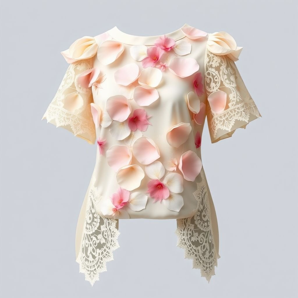 Floral blouse with side slits covered with lace
Design an elegant floral blouse featuring delicate, soft petals in pastel hues, with graceful side slits adorned with intricate lace. The lace should add an ethereal touch, blending seamlessly into the fabric's flow. Emphasize a refined silhouette that flatters the figure, perfect for sophisticated occasions or upscale events.