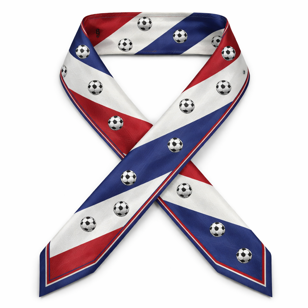 Design a 5 x 86 cm silk twilly that will be wrapped around the handle on a handbag.
It need to have a ver discrete herringbone pattern with small soccer balls throughout. Try using red white and blue
Design a 5 x 86 cm silk twilly that will be wrapped around the handle on a handbag.
It need to have a ver discrete herringbone pattern with small soccer balls throughout. Try using red white and blue , classic style