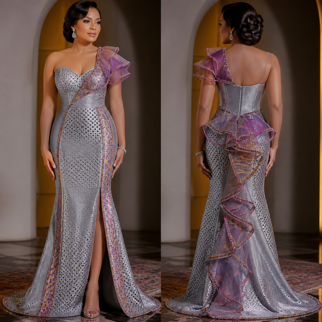 PROMPT
A photorealistic dinner dress for a 50 year old woman to attend a birthday party made from colorful beautiful silver gray aso oke with small holes on it and a touch of colorful organza fabric with beautiful trims that will look gorgeous and fabulous.
photorealistic fashion design, PROMPT
A photorealistic dinner dress for a 50 year old woman to attend a birthday party made from colorful beautiful silver gray aso oke with small holes on it and a touch of colorful organza fabric with beautiful trims that will look gorgeous and fabulous.
, runway style, just the design no text, show front and back