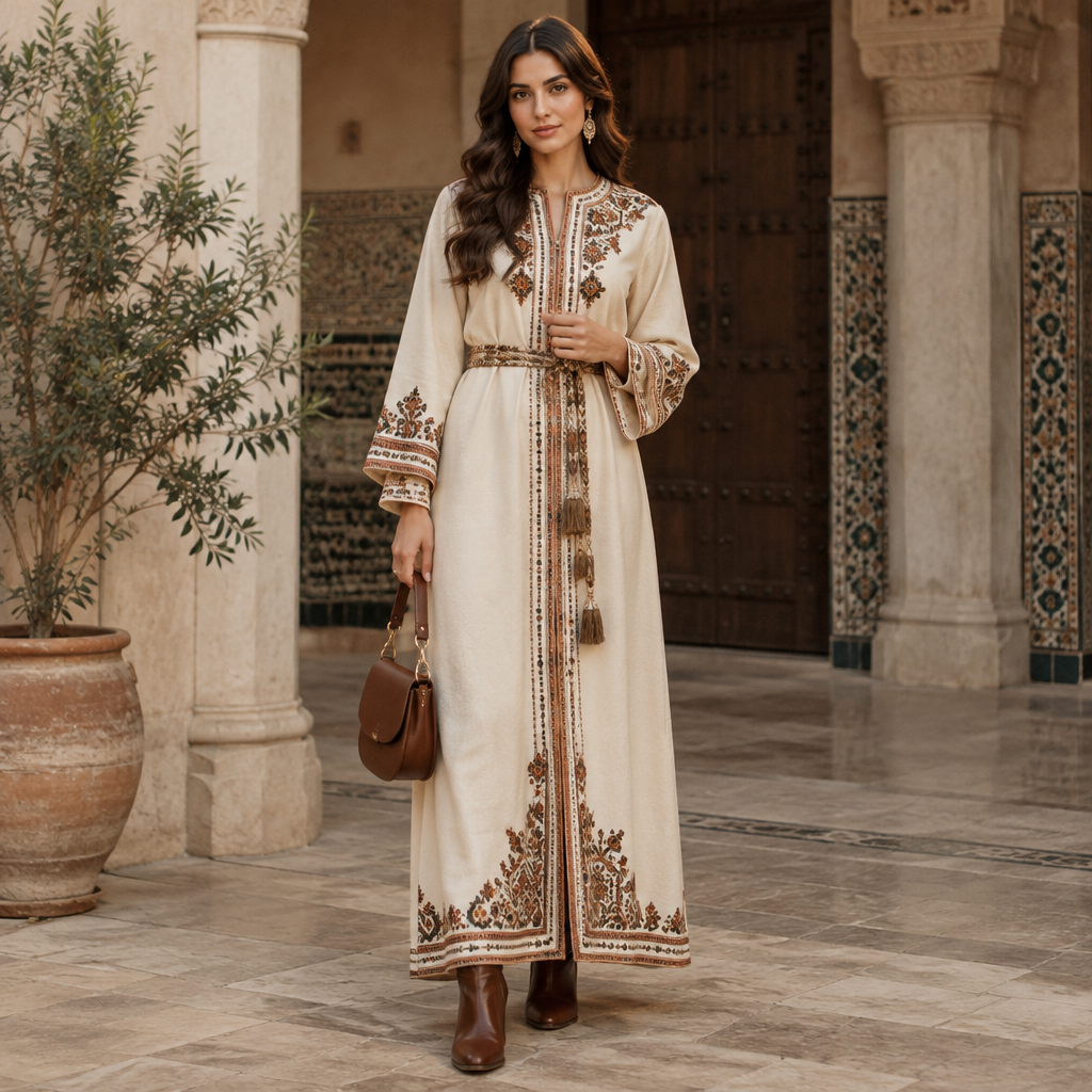 A Female Dress design, suitable for Fall. Algeria fashion aesthetics. Current season is Autumn in Algeria. Present it as professional fashion catalogue photography: the garment is the subject, shown full-length with editorial styling, neutral posing and tasteful, non-suggestive framing.
photorealistic fashion design, A Female Dress design, suitable for Fall. Algeria fashion aesthetics. Current season is Autumn in Algeria. Present it as professional fashion catalogue photography: the garment is the subject, shown full-length with editorial styling, neutral posing and tasteful, non-suggestive framing., just the design no text