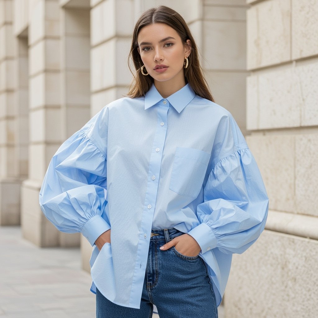 A big shirt, that has an extended shoulder, with loops on the side that can be worn as casual and corporate and has balloon sleeves
A big, **cotton poplin** shirt with an extended shoulder, **button-front closure**, and side loops, **ideal for casual or corporate wear**. This **oversized** shirt features dramatic balloon sleeves and a **classic collar**.