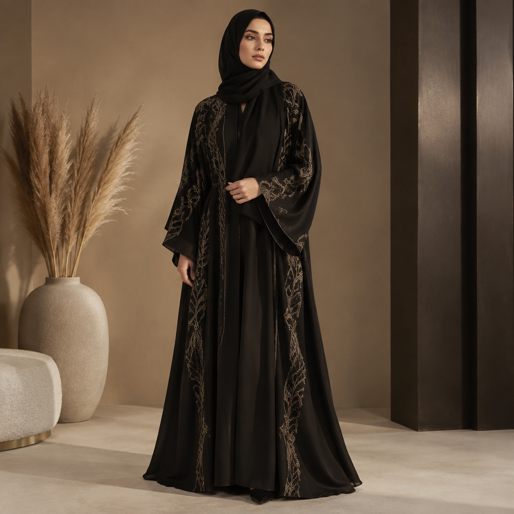 A Abaya design, made of Silk, with a soft, cosy hand, with modest, full coverage: longer hemlines, higher necklines and covered shoulders, suitable for Fall, in Glamorous style. IQ fashion aesthetics. Present it as professional fashion catalogue photography: the garment is the subject, shown full-length with editorial styling, neutral posing and tasteful, non-suggestive framing.
photorealistic fashion design, A Abaya design, made of Silk, with a soft, cosy hand, with modest, full coverage: longer hemlines, higher necklines and covered shoulders, suitable for Fall, in Glamorous style. IQ fashion aesthetics. Present it as professional fashion catalogue photography: the garment is the subject, shown full-length with editorial styling, neutral posing and tasteful, non-suggestive framing., glamorous style, just the design no text