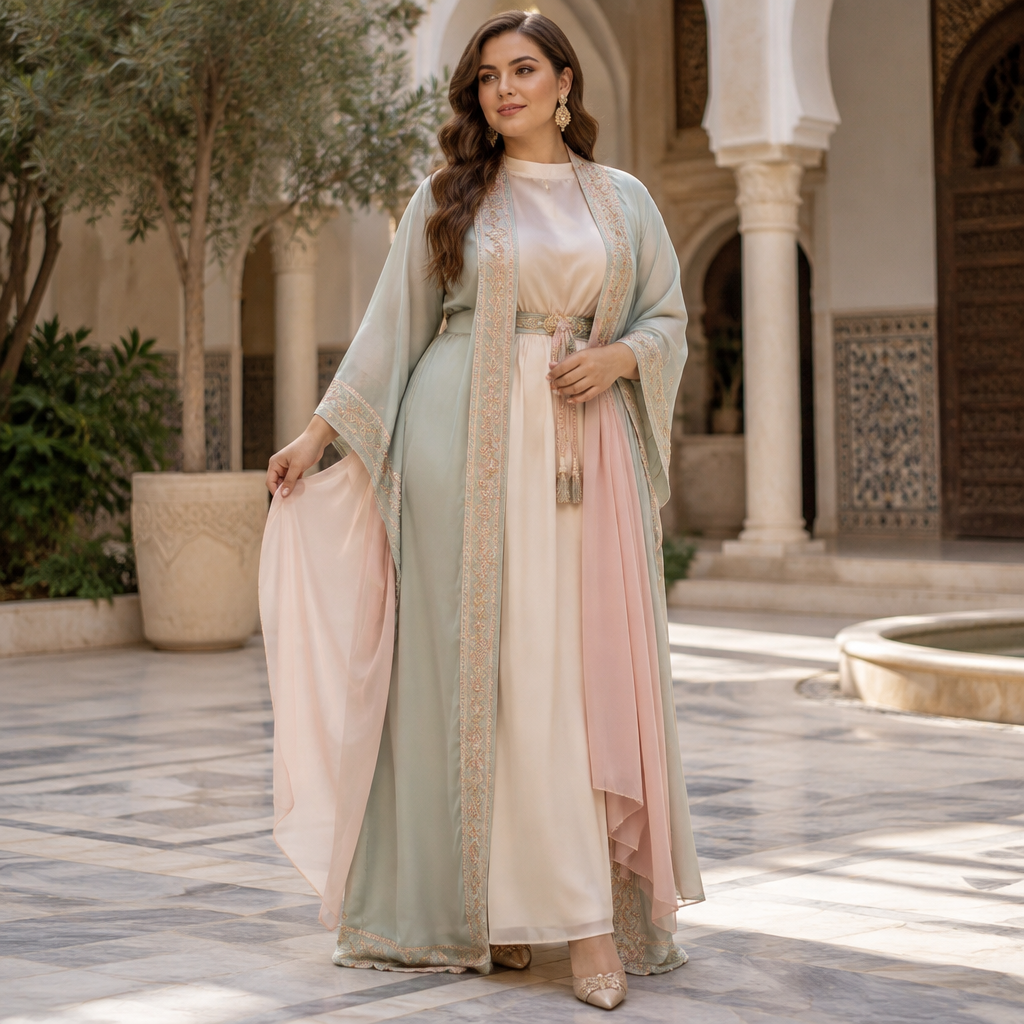 A Female Dress design, made of Silk, with a soft, cosy hand, with a Tailored silhouette, styled in layers, in a Pastels color palette, for Casual, suitable for Fall, suited to a Temperate climate, in Casual + Elegant + Glamorous style, shown on a model with light skin and a curvy figure. Algeria fashion aesthetics. Present it as professional fashion catalogue photography: the garment is the subject, shown full-length with editorial styling, neutral posing and tasteful, non-suggestive framing.
photorealistic fashion design, A Female Dress design, made of Silk, with a soft, cosy hand, with a Tailored silhouette, styled in layers, in a Pastels color palette, for Casual, suitable for Fall, suited to a Temperate climate, in Casual + Elegant + Glamorous style, shown on a model with light skin and a curvy figure. Algeria fashion aesthetics. Present it as professional fashion catalogue photography: the garment is the subject, shown full-length with editorial styling, neutral posing and tasteful, non-suggestive framing., casual style, just the design no text
