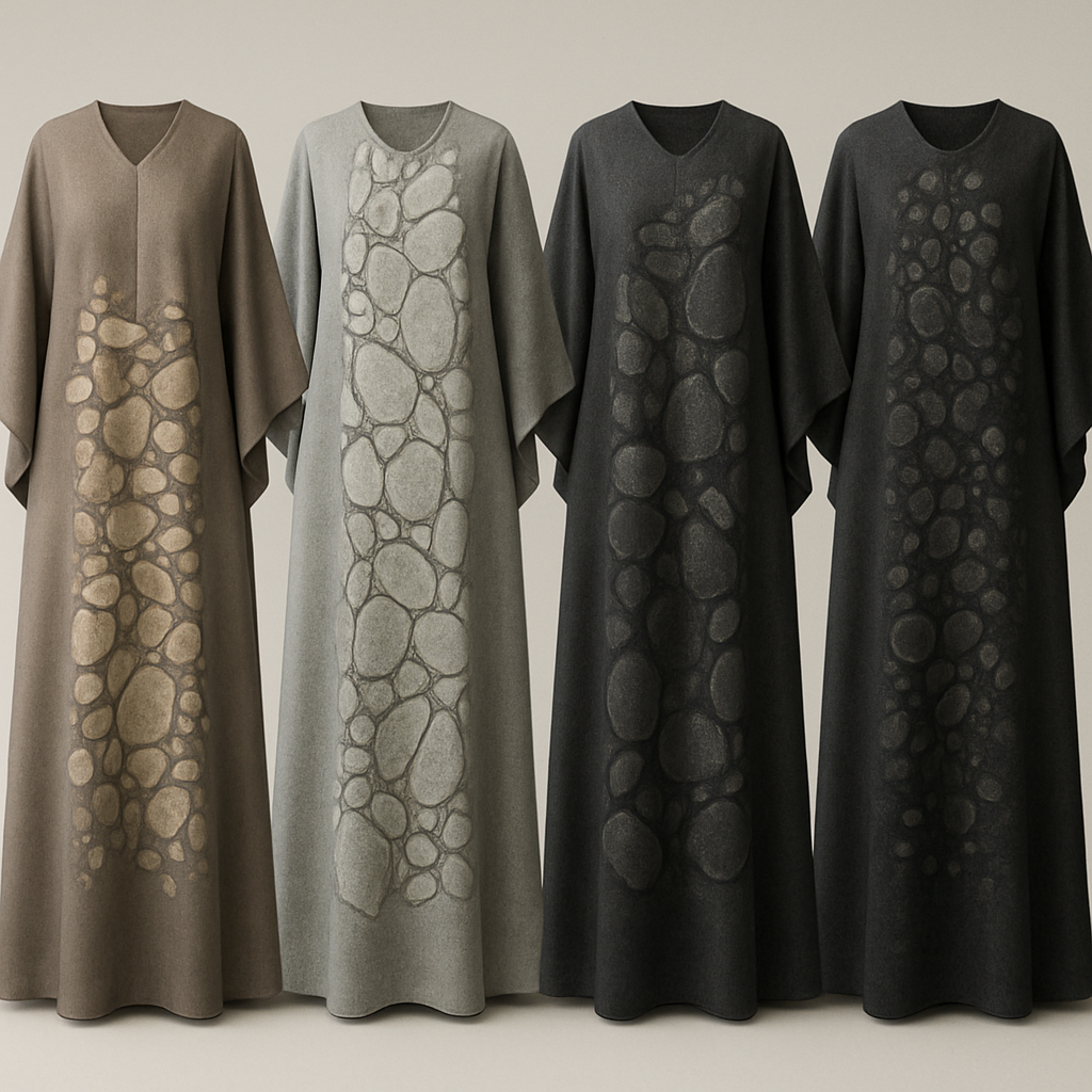 Create a modest boubou, the first of its kind, featuring a unique stone design that exudes a classy and sophisticated vibe. I'd like four designs, each showcasing different styles and fabrics. Incorporate high-end, unique chic stone designs to make them truly special. Add little sophisticated stone designs.

Create a modest boubou, the first of its kind, featuring a unique stone design that exudes a classy and sophisticated vibe. I'd like four designs, each showcasing different styles and fabrics. Incorporate high-end, unique chic stone designs to make them truly special. Add little sophisticated stone designs.