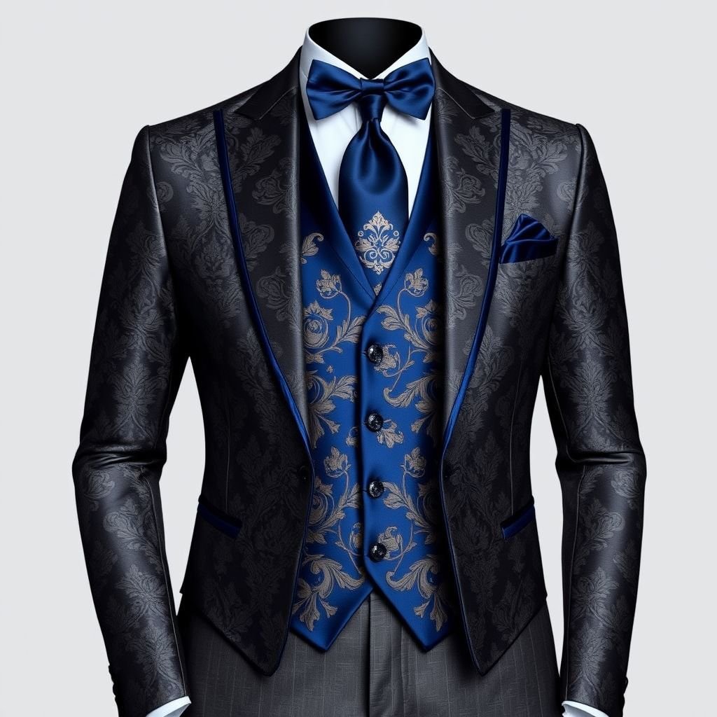 dark Grey wedding tuxedo jacket with a deep sapphire blue vestand tie and white shirt
Design a luxurious dark grey wedding tuxedo jacket, featuring an intricate brocade pattern that shimmers subtly under light. Pair it with a deep sapphire blue vest adorned with antique gold embroidery and a matching tie. Complete the look with a crisply tailored white shirt, exuding elegance and modern romance for the discerning groom.