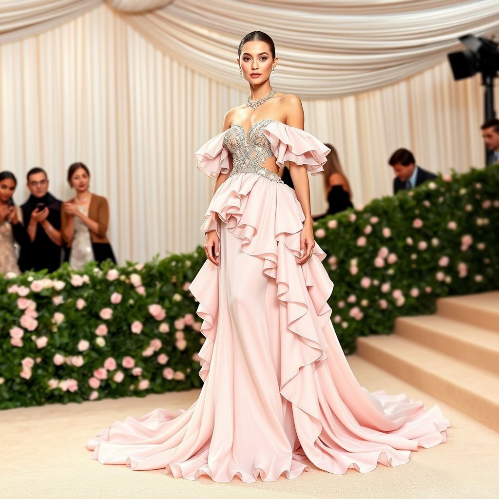 Gigi hadid 2018 met gala inspo dress
Design an ethereal gown inspired by Gigi Hadid's 2018 Met Gala look, combining luxurious silk chiffon with asymmetrical layers. Envision a soft blush color palette, cascading ruffles, and intricate beadwork. Add dramatic off-shoulder sleeves and a floor-sweeping train, creating a celestial vibe perfect for the glamorous themes of high fashion.