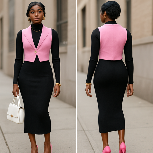 Black woman 
Finger waves 
Long tight collared black dress 
Pink vest with a pearl as a button 
White purse 
Pink heels 
gold jewelry 
Clear lipgloss