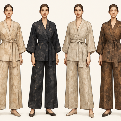 Create a modest two piece loose pant and kimono , first of its kind, featuring a unique stone design that exudes a classy and sophisticated vibe. I'd like four designs, each showcasing different styles and fabrics. Incorporate high-end, unique chic stone designs to make them truly special. Add little sophisticated stone designs. Make it irresistible!