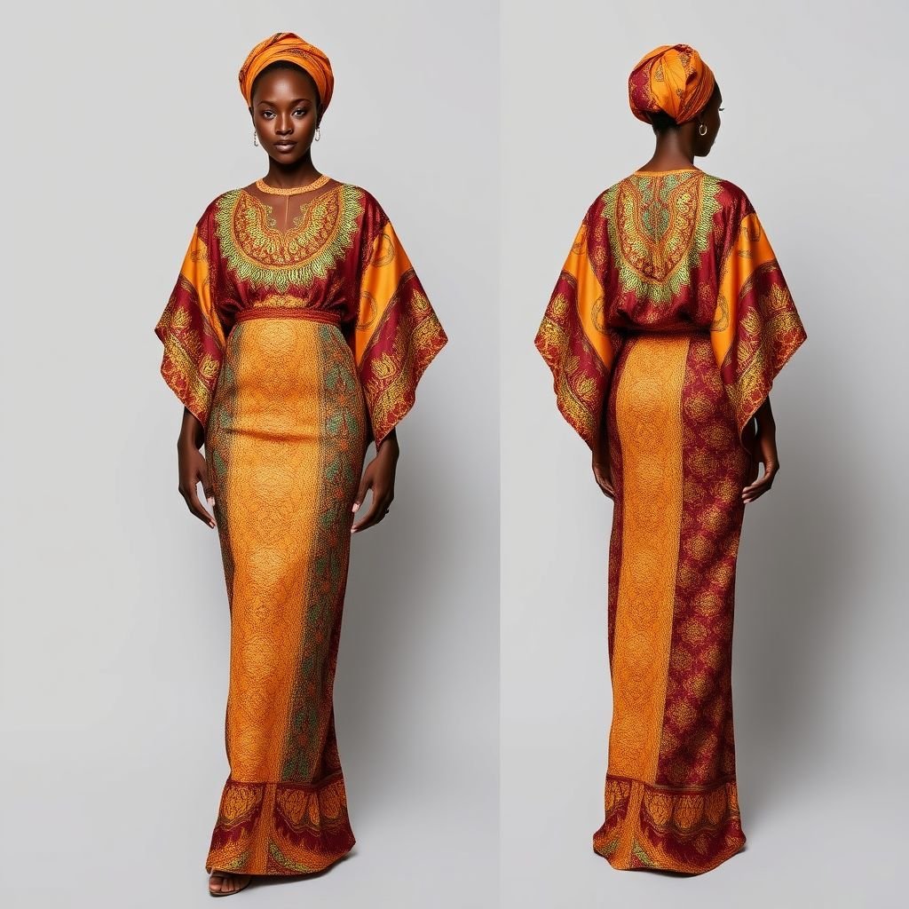 Create a kaftan style design that incorporates a little slice of structure, some ruched details in dark hunter green color and some crystal embroidery to help cover a ruched waist. This is woman’s kaftan that combines the modern with the traditional Nigerian kaftan look. Make the design on one continuous flowing fabric piece. Love this! Give me another variation
Design a captivating kaftan that marries traditional Nigerian elements with contemporary flair. Utilize vibrant tribal prints in earthy hues, integrating structural panels for a bold silhouette. Incorporate intricate gold embroidery that dances along the ruched waist and flows seamlessly across the fabric. The result: an enchanting, one-piece garment celebrating African culture and elegance.