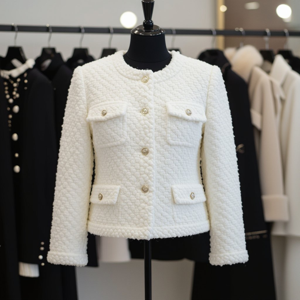 یه کت سفید خالص کوتاه مثلا تا سر کمر با پارچه شانل با دکمه مرواردی
Cropped white pure boucle jacket, waist-length, with pearl buttons.