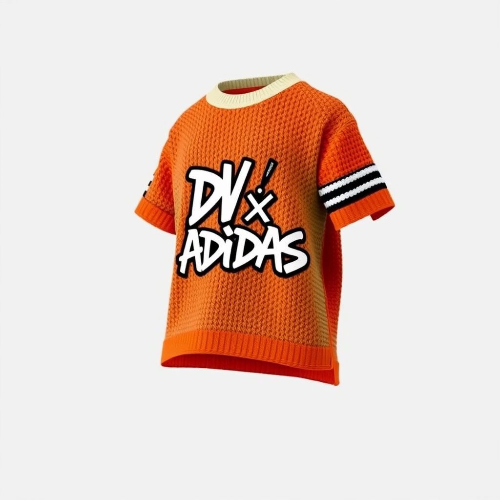 A orange and beige two toned crochet shirt, that says “DV X Adidas” on it, with 3stripes
Design a bold streetwear piece featuring a vibrant orange and beige two-toned crochet shirt. Highlight the text “DV X Adidas” in a graffiti-inspired font across the chest. Incorporate signature three stripes down the sleeves in contrasting colors, blending urban aesthetics with playful texture, perfect for the fashion-forward street style enthusiast.