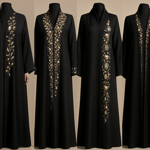 Create me modest abaya that's first in the world, using unique stone design, classy and sophisticated. Keep me 4 designs. Make them rich by adding unique chic stone high end designs and . Showcasing different styles and fabric.