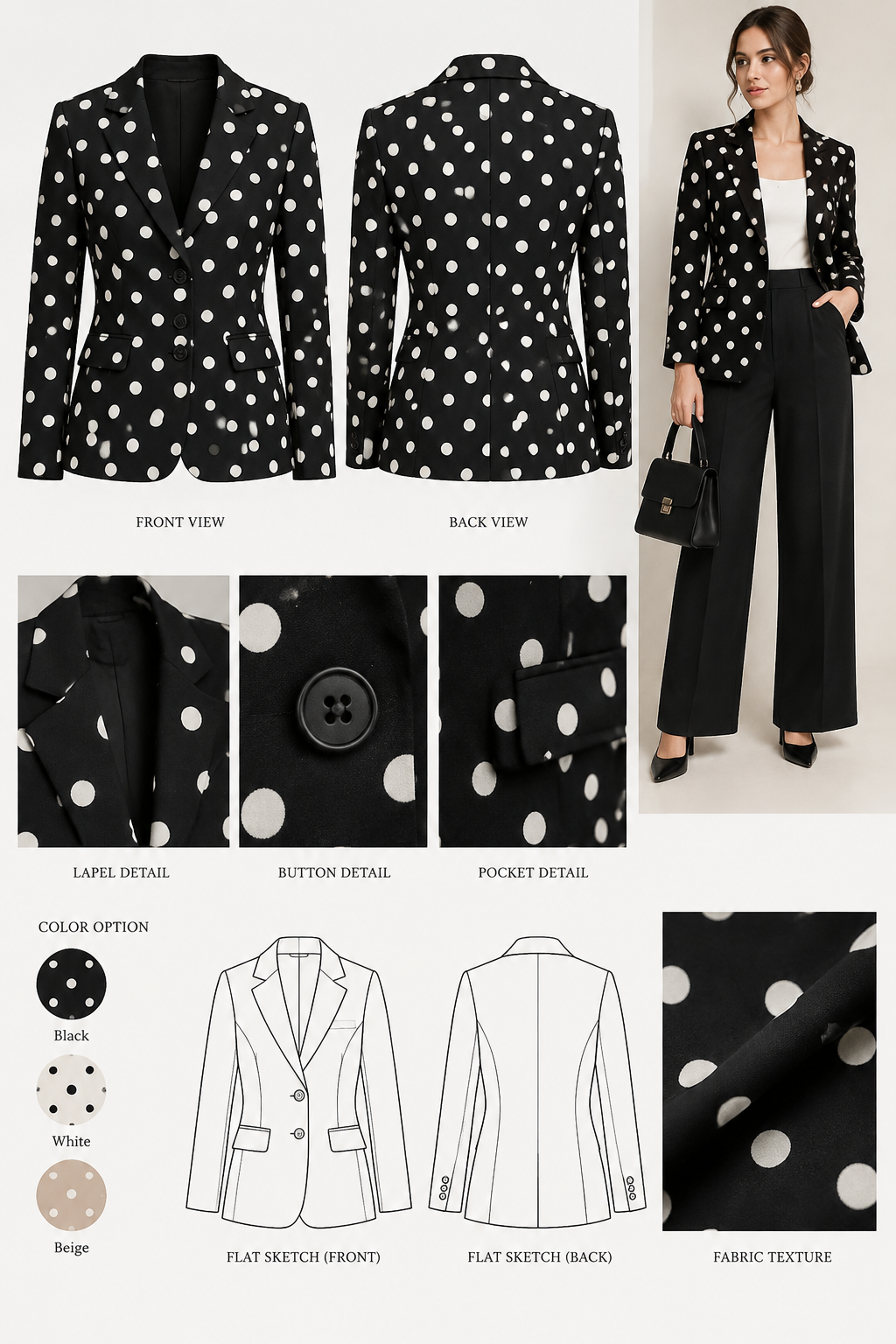 Women's Polka Dot Pattern Button-Up Long Sleeve Blazer
Women's Polka Dot Pattern Button-Up Long Sleeve Blazer