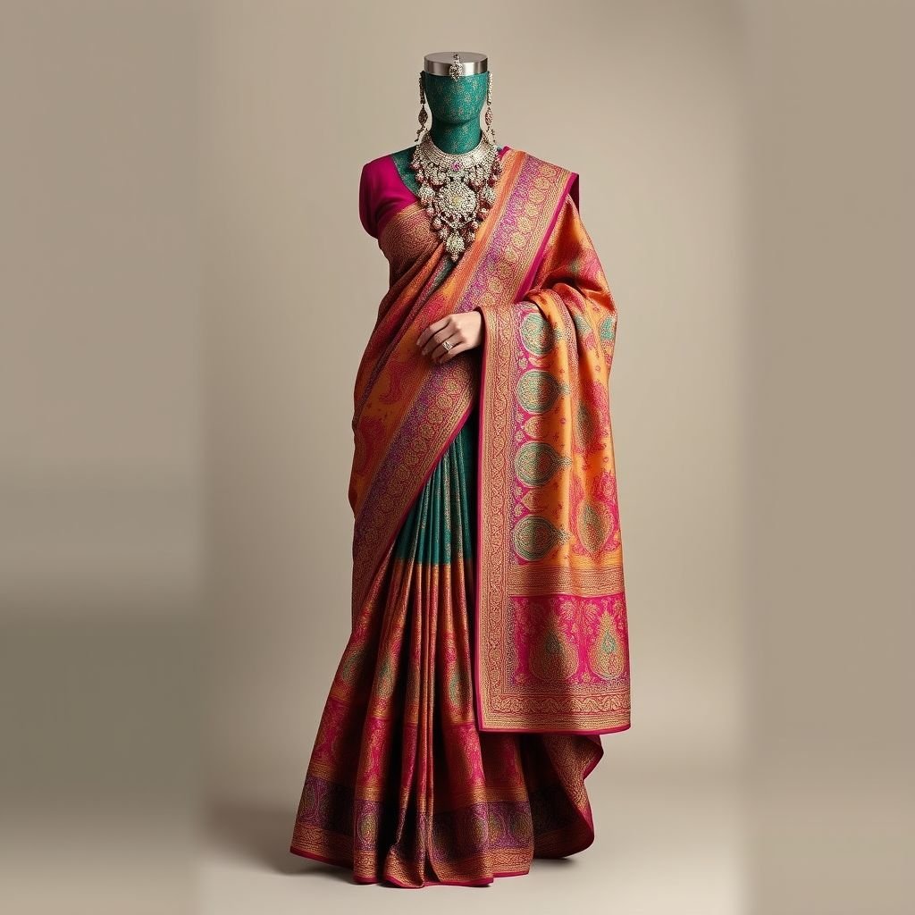 Indian
Design a captivating Indian traditional ensemble featuring a richly embroidered silk saree adorned with intricate paisley patterns in vibrant jewel tones. Pair it with an elegant, intricately designed statement necklace and jhumka earrings, complemented by traditional embroidered mojaris. Capture the essence of cultural heritage while embracing timeless elegance and grace.