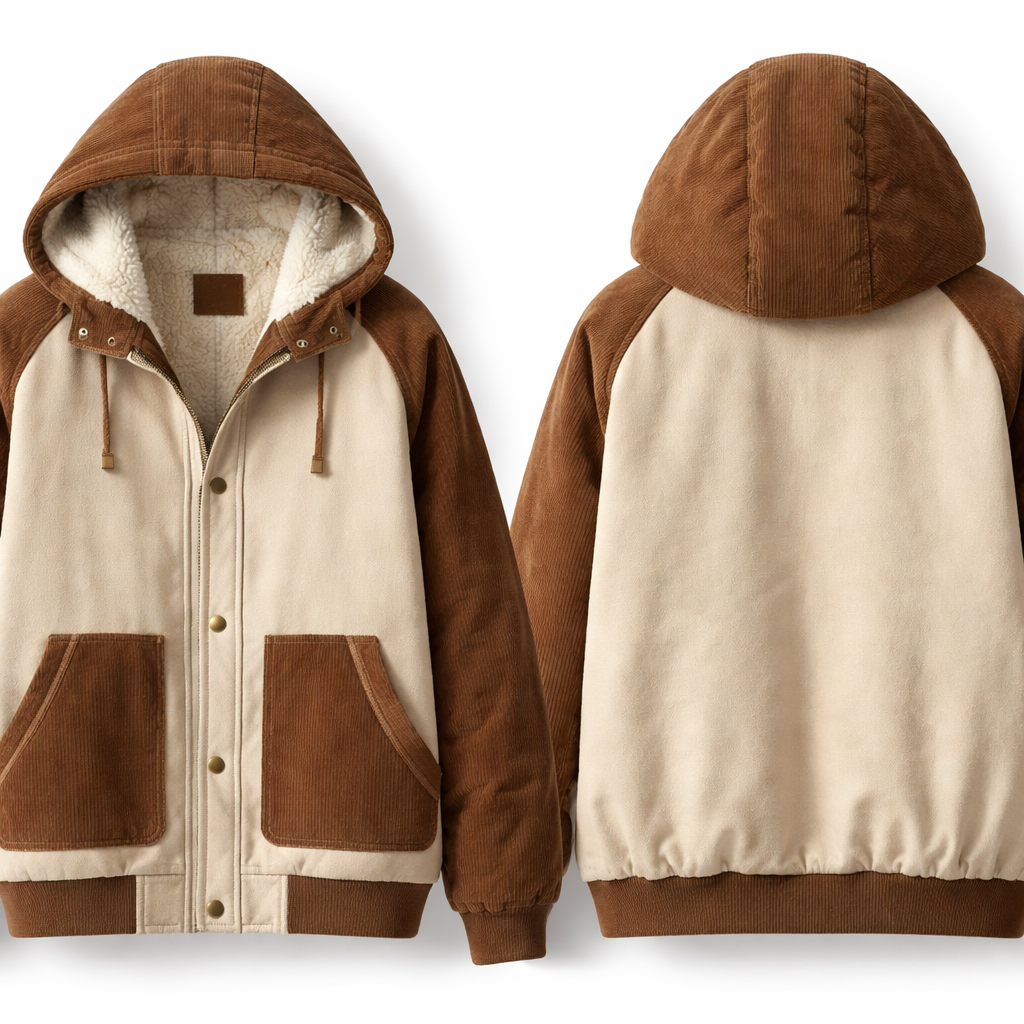 Jacket with Corduroy arms, corduroy hood and lining of pockets. And the rest must be fabric.
Jacket with Corduroy arms, corduroy hood and lining of pockets. And the rest must be fabric., cozy style, show front and back