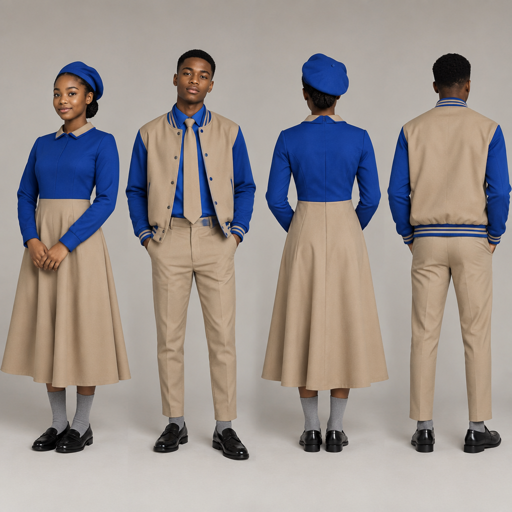 Design a light brown baseball jacket with blue accents and light brown arms. Use black teenagers as models.
A fit flare dress top half blue and bottom half light brown, covering chest area completely, almost reaching ankles, a blue barrett and grey socks for the female.
A light brown trouser, reaching ankles, blue shirt, light brown tie and grey socks for the male.
Nice black school shoes for both.boyh must wear baseball jacket. use cobalt blue. South Africa fashion aesthetics. Present it as professional fashion catalogue photography: the garment is the subject, shown full-length with editorial styling, neutral posing and tasteful, non-suggestive framing.
photorealistic fashion design, Design a light brown baseball jacket with blue accents and light brown arms. Use black teenagers as models.
A fit flare dress top half blue and bottom half light brown, covering chest area completely, almost reaching ankles, a blue barrett and grey socks for the female.
A light brown trouser, reaching ankles, blue shirt, light brown tie and grey socks for the male.
Nice black school shoes for both.boyh must wear baseball jacket. use cobalt blue. South Africa fashion aesthetics. Present it as professional fashion catalogue photography: the garment is the subject, shown full-length with editorial styling, neutral posing and tasteful, non-suggestive framing., just the design no text, show front and back