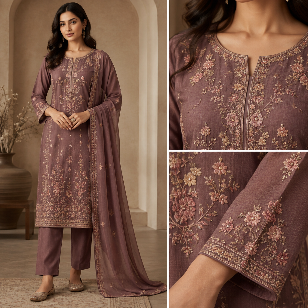 A Female Dress design, suitable for Fall, in Elegant style. I want to get kurta & pant set stitched from this material. Pant material is plain whereas kurta material is embroidered.
suggest me ideas. India fashion aesthetics. Present it as professional fashion catalogue photography: the garment is the subject, shown full-length with editorial styling, neutral posing and tasteful, non-suggestive framing.
photorealistic fashion design, A Female Dress design, suitable for Fall, in Elegant style. I want to get kurta & pant set stitched from this material. Pant material is plain whereas kurta material is embroidered.
suggest me ideas. India fashion aesthetics. Present it as professional fashion catalogue photography: the garment is the subject, shown full-length with editorial styling, neutral posing and tasteful, non-suggestive framing., elegant style, just the design no text