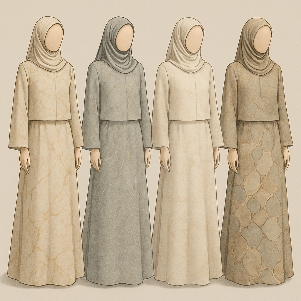 Create a modest two-piece linen abaya, the first of its kind, featuring a unique stone design that exudes a classy and sophisticated vibe. I'd like four designs, each showcasing different styles and fabrics. Incorporate high-end, unique chic stone designs to make them truly special. Add little sophisticated stone designs.

Create a modest two-piece linen abaya, the first of its kind, featuring a unique stone design that exudes a classy and sophisticated vibe. I'd like four designs, each showcasing different styles and fabrics. Incorporate high-end, unique chic stone designs to make them truly special. Add little sophisticated stone designs.