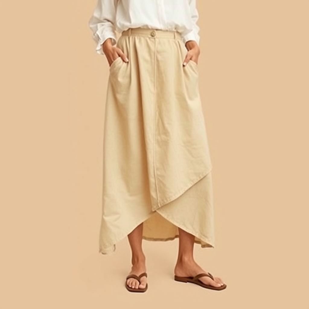 חצאית כותנה גרסה יוונית פשוטה מפשתן
Envision a simple yet elegant minimalist design: a cotton skirt inspired by Greek aesthetics, featuring clean lines and a fluid silhouette. Crafted from lightweight linen, it includes subtle asymmetrical hems and discreet side pockets, emphasizing functionality. The color palette should be restrained, using soft earth tones that evoke tranquility and timelessness.