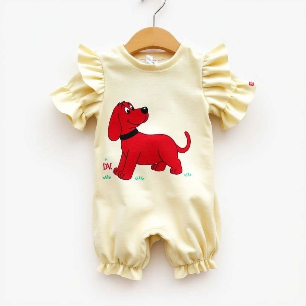 Baby boy infant and toddler Clifford cartoon outfit. With DV on bottom left corner. Make sure to actually include the red Clifford dog cartoon character
Design a vintage-inspired toddler outfit featuring a playful Clifford the Big Red Dog motif. Envision a soft cotton onesie in pastel colors adorned with whimsical illustrations of Clifford, complemented by charming ruffled sleeves. Finish with adorable, knee-length bloomers, and a small "DV" embroidered in the bottom left corner, capturing nostalgic style.