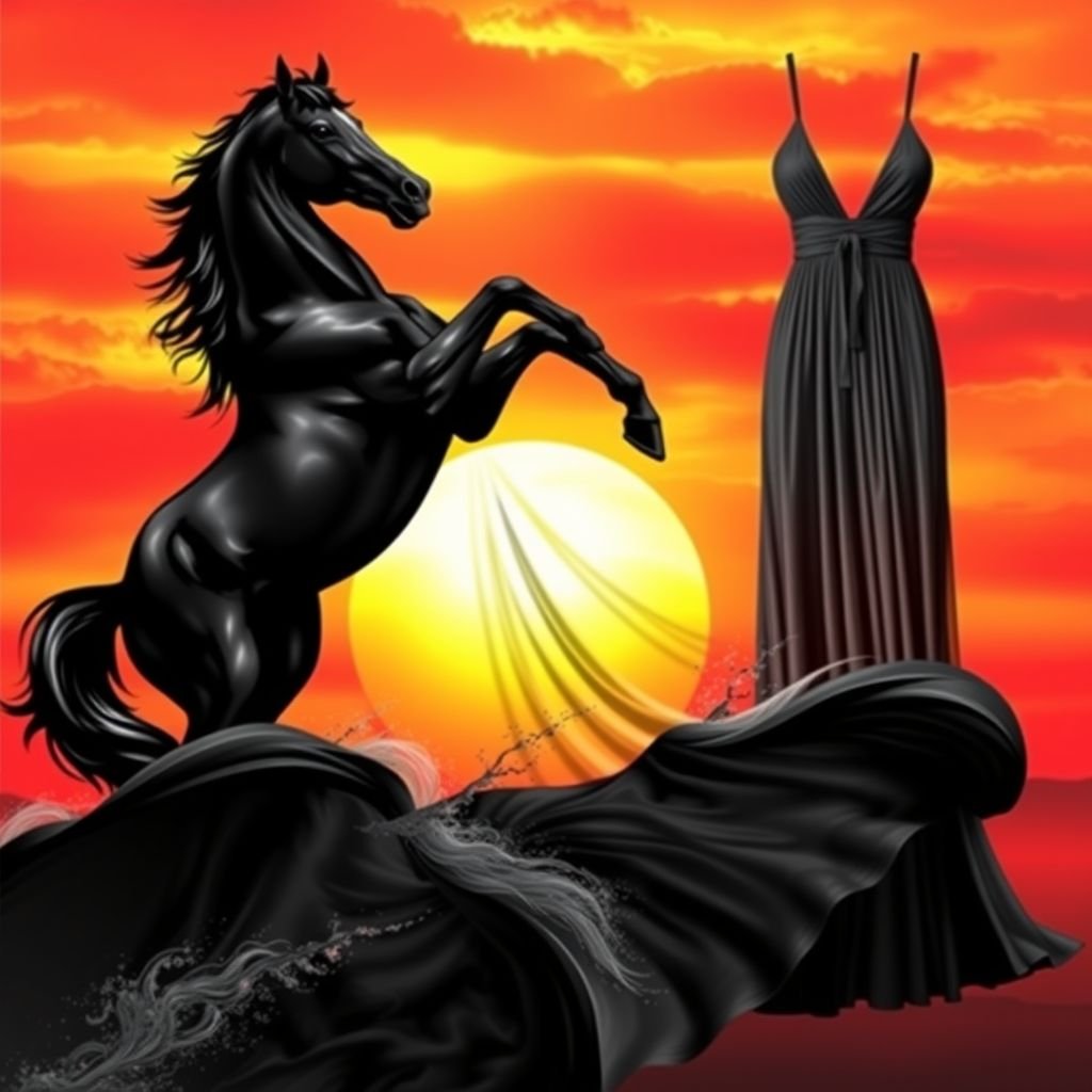 Water bottle with black stallion, rearing on hind legs, gold red orange sunset in the background
Design a flowing maxi dress featuring a dramatic digital print of a black stallion rearing against a vibrant gold, red, and orange sunset. The bodice should be fitted with subtle ruching and spaghetti straps, while the skirt cascades like waves, evoking movement. Pair with sleek, metallic accessories for a striking visual impact.