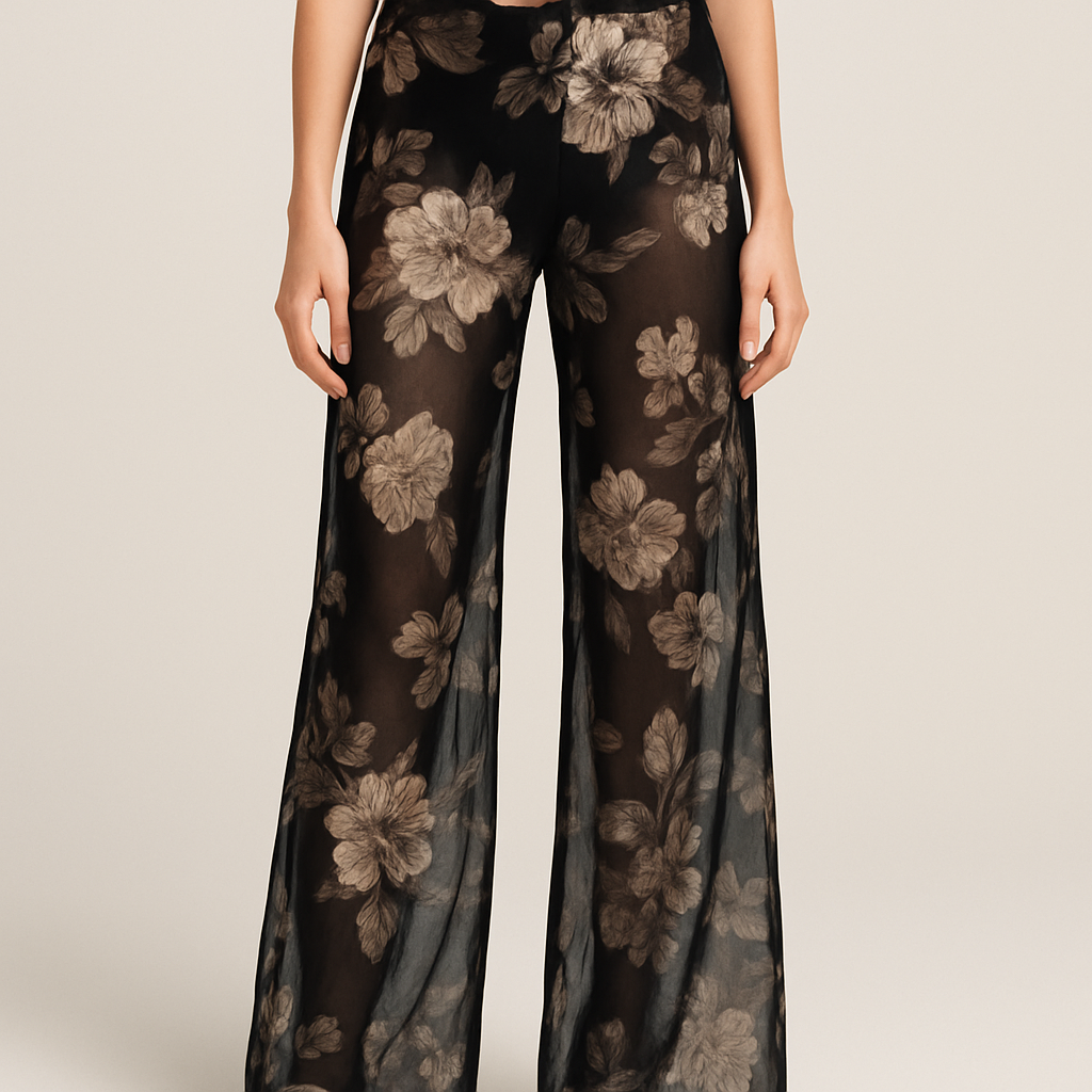 Black sheer flower print trousers
Black sheer flower print trousers