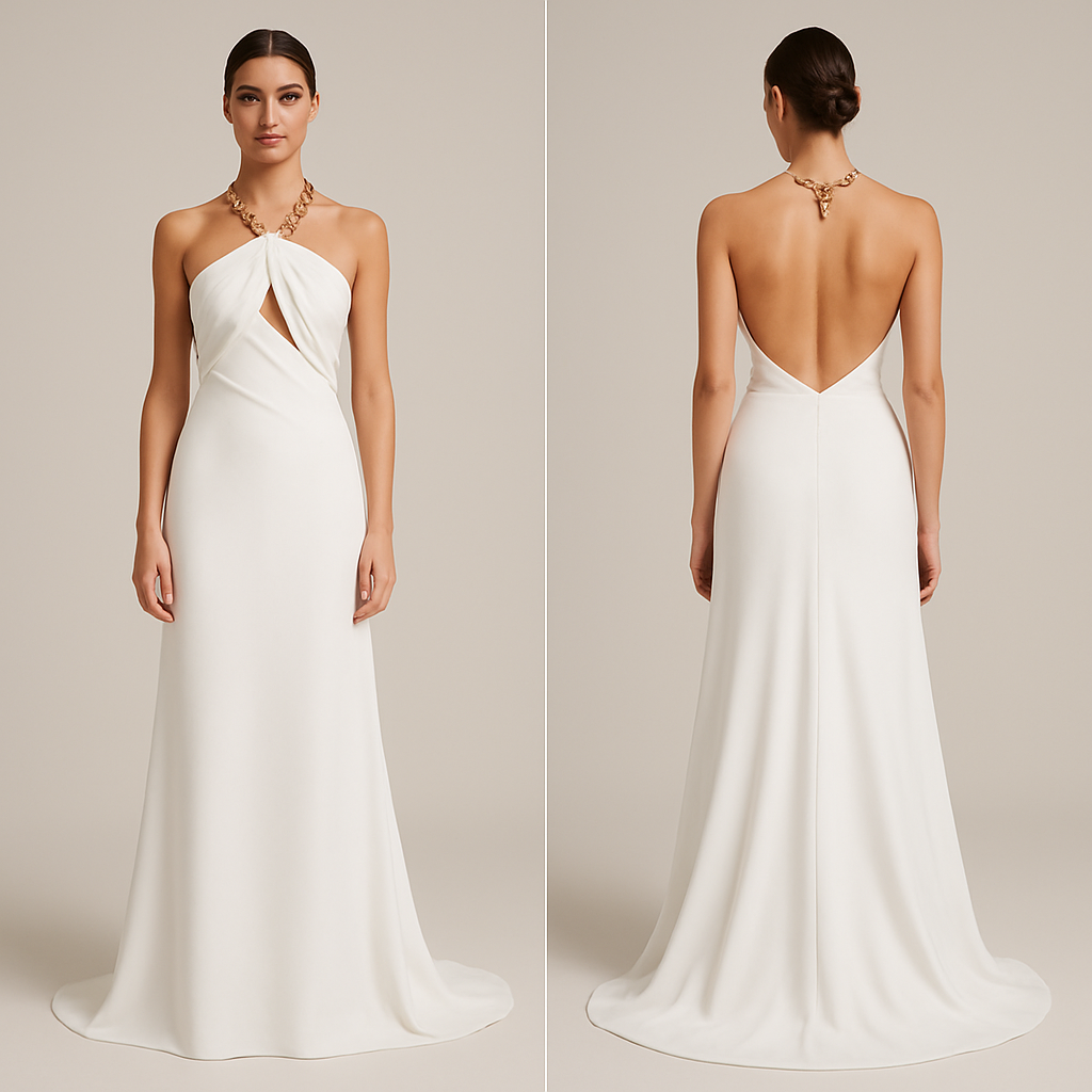 A gold chain ties behind the neck, it’s a white fabric that covers the front in a cross cross pattern showing off the back and waist before flowing down into a train like skirt part of a dress
A gold chain ties behind the neck, it’s a white fabric that covers the front in a cross cross pattern showing off the back and waist before flowing down into a train like skirt part of a dress, formal style, show front and back