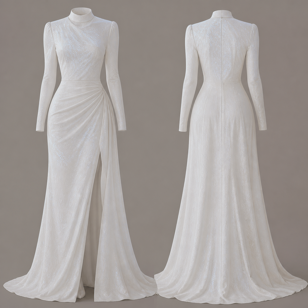 I want dress below to show a small label called OFFGRID ,colour of the dress should be white with few plits I want invisible sparkles to be like kinder skybluesh
photorealistic fashion design, I want dress below to show a small label called OFFGRID ,colour of the dress should be white with few plits I want invisible sparkles to be like kinder skybluesh
, fall style, just the design no text, show front and back