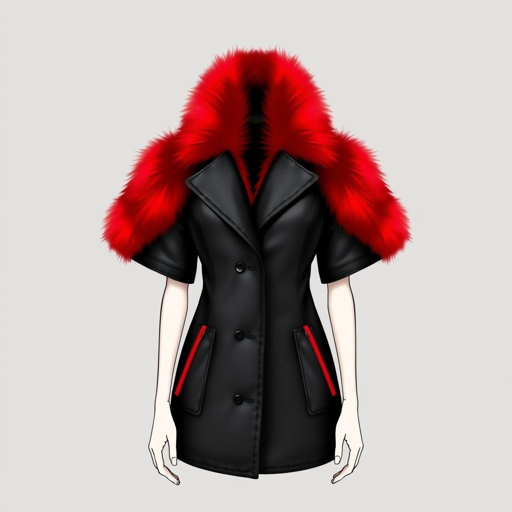 A black leather colar jacket with big red fur lapels and red pockets but is small and has red pockets plus red fur on its sleeves
Design a minimalist black leather collar jacket, streamlined and tailored for a sleek silhouette. Incorporate oversized, plush red fur lapels and subtly integrated red pockets, balancing boldness with sophistication. The jacket features refined, short sleeves adorned with delicate red fur accents, embodying understated elegance while maintaining a striking color contrast.