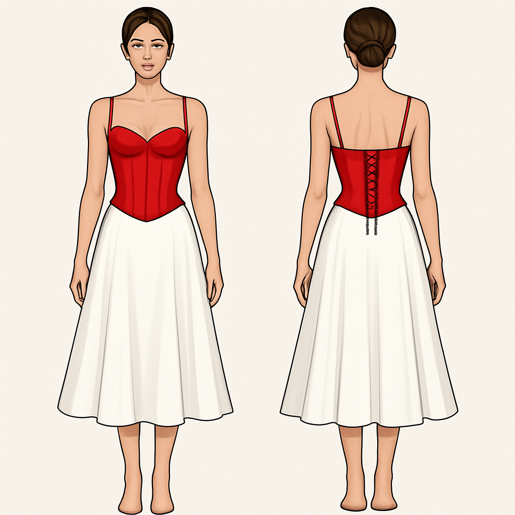 Red Fitted corset top , white midi flare skirt 


Red Fitted corset top , white midi flare skirt 
, show front and back