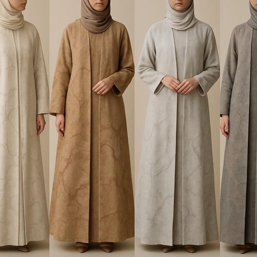 Create a modest two-piece linen abaya, the first of its kind, featuring a unique stone design that exudes a classy and sophisticated vibe. I’d like four designs, each showcasing different styles and fabrics. Incorporate high-end, unique chic stone designs to make them truly special. Add little sophisticated stone designs.