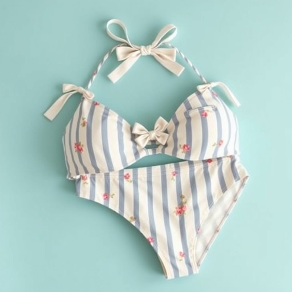 Two pieces swimwear with thin stripes -inspired by leoni the influencer
Create a vintage-inspired two-piece swimwear design featuring delicate, thin stripes reminiscent of 1950s beach glamour. Incorporate high-waisted bikini bottoms for a retro silhouette and a halter neck top adorned with playful bows. Emphasize pastel hues and subtle floral patterns to evoke a nostalgic seaside charm, capturing Leoni’s playful yet chic aesthetic.