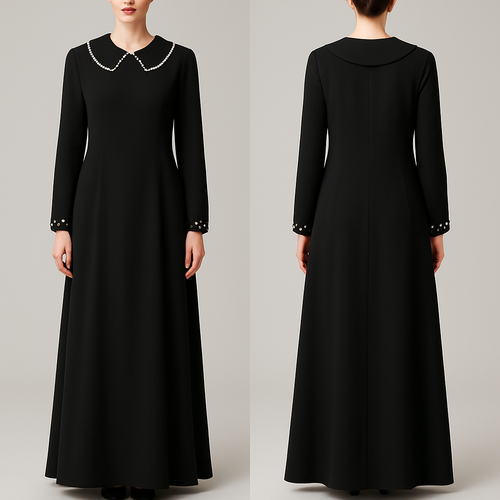 Elegant black maxi dress not very tight (flawless) with long sleeves it has a unique collar not the usual with hanging pearls and pearls as well in the sleeves