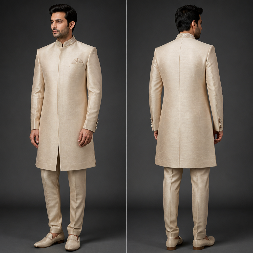 Mens Nehru silk suit with a rhinestone collar , rhinestone , hidden buttons down the front and four rhinestone buttons on the sleeve of the jacket , matching shoes slip on raw silk shoes and a thin line of rhinestone across the front of the shoe , matching long raw silk lapel coat with four rhinestone buttons and a rhinestone collar , and a small rhinestones scarf in the top pocket .
photorealistic fashion design, Mens Nehru silk suit with a rhinestone collar , rhinestone , hidden buttons down the front and four rhinestone buttons on the sleeve of the jacket , matching shoes slip on raw silk shoes and a thin line of rhinestone across the front of the shoe , matching long raw silk lapel coat with four rhinestone buttons and a rhinestone collar , and a small rhinestones scarf in the top pocket . , formal style, just the design no text, show front and back