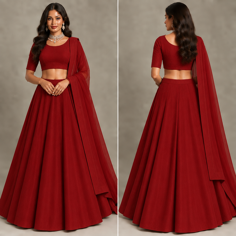 Jewelry is good per lehnga ni sai lgaa bilkul plain and red lehnga chaida first minu
edit the attached fashion design with these instructions: Jewelry is good per lehnga ni sai lgaa bilkul plain and red lehnga chaida first minu. keep it photorealistic, just the design no text