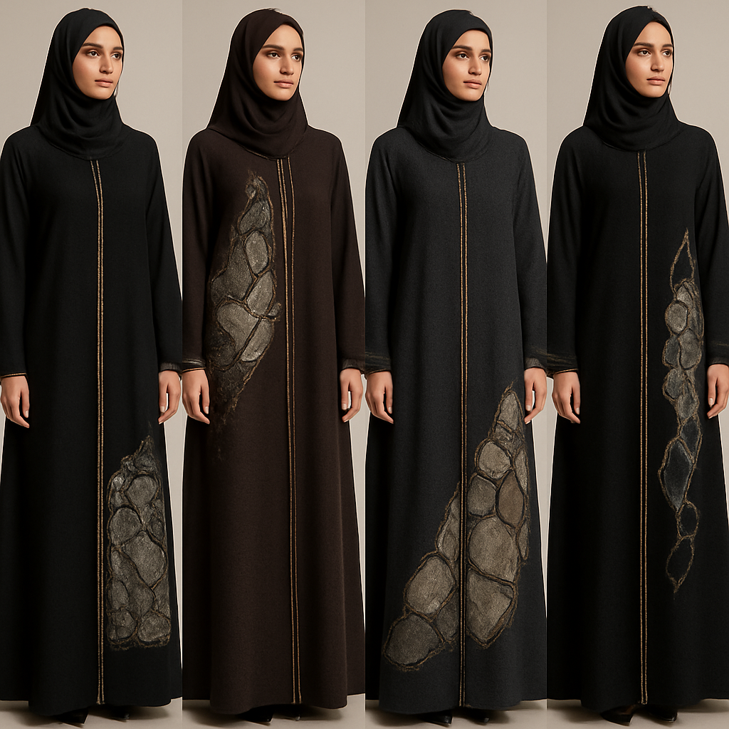 Create a modest abaya that's the first of its kind, featuring a unique stone design that exudes a classy and sophisticated vibe. I'd like four designs, each showcasing different styles and fabrics.
Incorporate high-end, unique chic stone designs to make them truly special. Add a little sophisticated stone work to it.
Create a modest abaya that's the first of its kind, featuring a unique stone design that exudes a classy and sophisticated vibe. I'd like four designs, each showcasing different styles and fabrics.
Incorporate high-end, unique chic stone designs to make them truly special. Add a little sophisticated stone work to it.