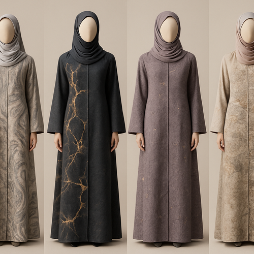 Create a modest two piece abaya, first of its kind, featuring a unique stone design that exudes a classy and sophisticated vibe. I'd like four designs, each showcasing different styles and fabrics. Incorporate high-end, unique chic stone designs to make them truly special. Add little sophisticated stone designs. Make it irresistible!