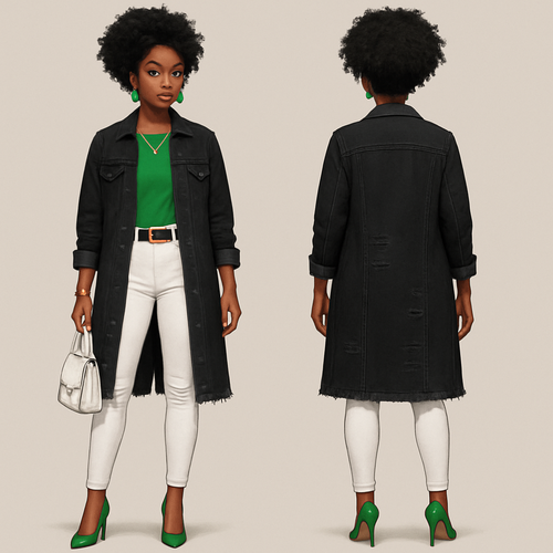 Black woman 
Green shirt 
Long black ripped jean jacket 
Tight white pants gold belt 
Gold bracelet 
Green earrings 
Green heels white purse 
Gold necklace with cross 
