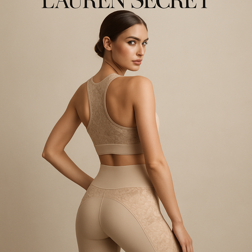Professional fashion model wearing a luxury activewear set from Lauren Secret, combining performance fabric and lace. Delicate stretch lace integrated into the bra and leggings design — back, waist, and thigh accents. Tone-on-tone color palette (nude, ivory, or black). Elegant and confident expression, graceful posture. Photographed in soft studio light with a fashion editorial aesthetic. Style: sensual, empowering, feminine, refined, premium sport-luxury. High-resolution, Vogue-style campaign shot, detailed lace texture visible.