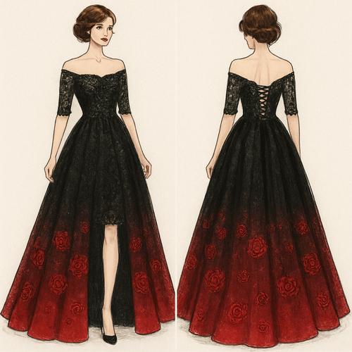 Lace Black A-line off-the-shoulder 1/3 lace sleeves wedding dress with detachable skirt revealing a shorter dress. Corset back, with embroidered sequin beading on the top. The bottom fades into red with embroidered red sequined roses.