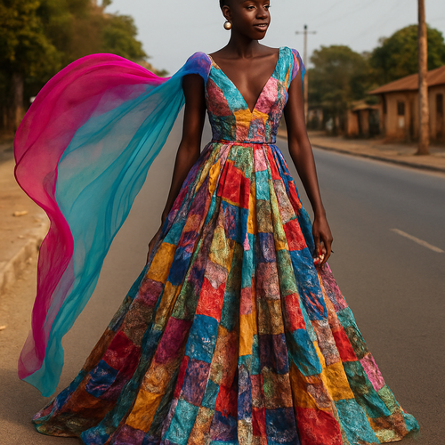 I want to Create one of kind colorful gown made from scrap fabric with iridescent touches and design with a colorful two tone chiffon for high end fashionista that will give it a sophisticated and gorgeous look on a real human dark skin modeling it on the roadside of a street in Africa.