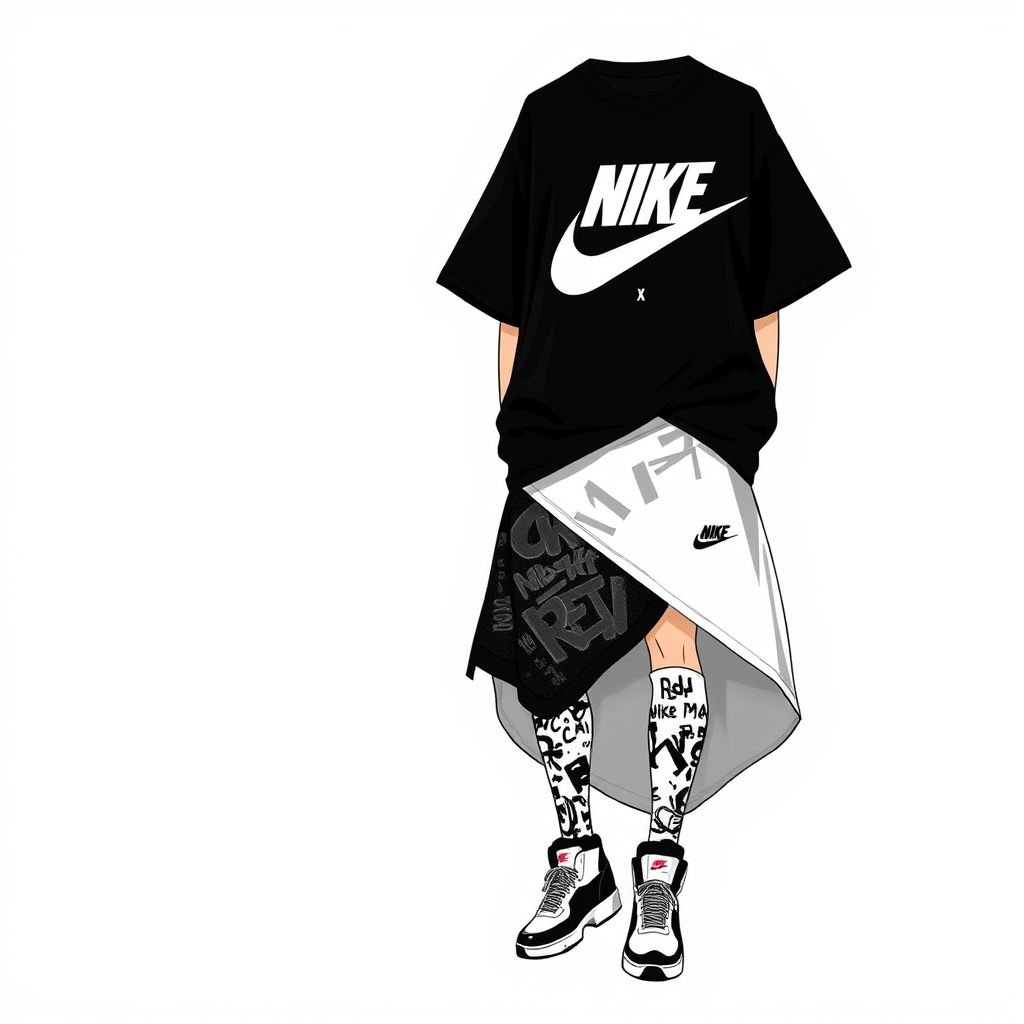 A black and white two toned cotton shirt and skirt, that says “DV X Nike ” on it, with Nike check mark
Design an edgy streetwear ensemble featuring a black and white two-toned oversized cotton shirt adorned with bold "DV X Nike" graphics and a prominent Nike check mark. Pair it with a high-waisted, asymmetrical skirt that mixes urban vibes with sporty elements, integrating mesh panels and graffiti-inspired prints for an urban flair.