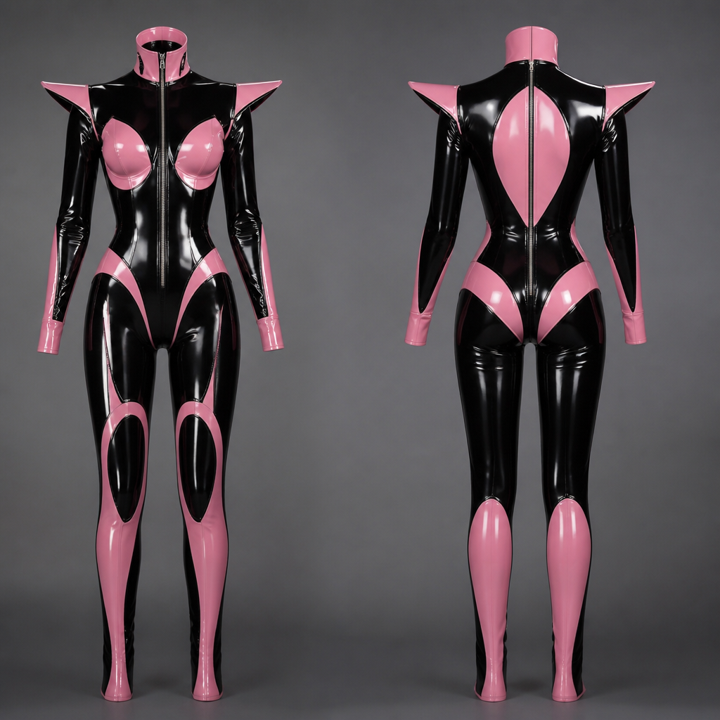 Tenue en latex noir et rose motif remarquable
photorealistic fashion design, Tenue en latex noir et rose motif remarquable , space_age style, just the design no text