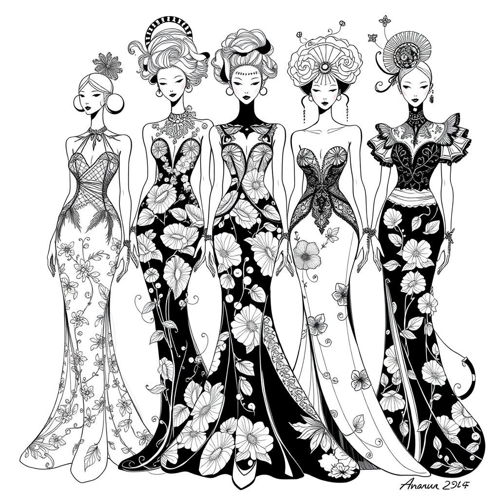 25 black and white fashion sketches, art nouveau mixed with modern style, Casa Batlló architecture inspired outfits, tall fashion models, no faces, different hairstyles and accessories, dynamic poses, sketch style, ink lines
Create 25 black and white sketches of fashion designs blending Art Nouveau elegance with contemporary flair, using Casa Batlló's organic forms and intricate details for inspiration. Showcase tall, faceless models with flowing silhouettes, adorned in delicate floral patterns and sinuous lines. Emphasize dynamic poses, varied hairstyles, and ornate accessories, all rendered in expressive ink.