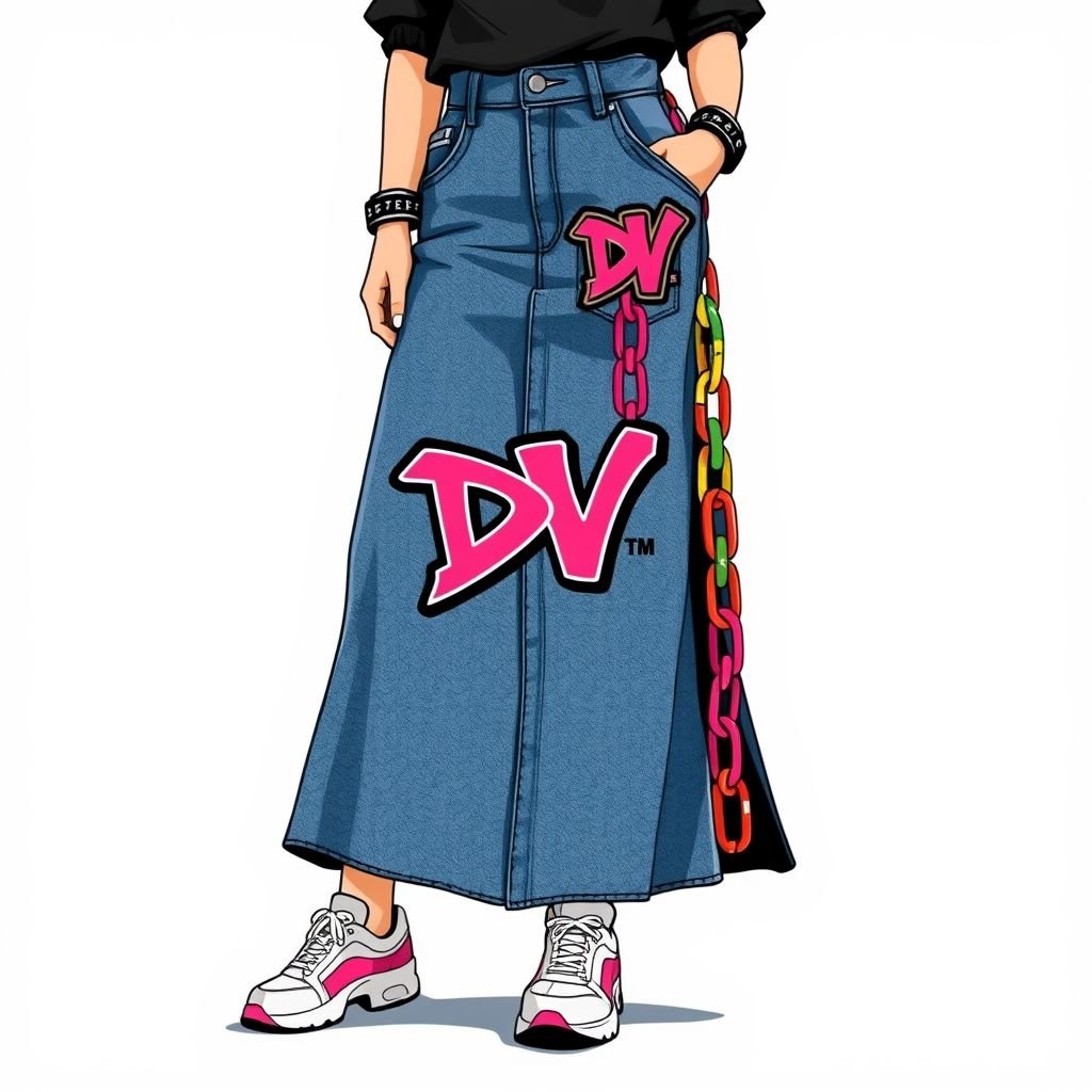 Create a women’s maxi denim skirt with the look of colored chains hanging on side, but “DV” on pocket
Design a bold women's maxi denim skirt infused with streetwear vibes, featuring oversized, colorful chains cascading from one side. The high-waisted silhouette merges casual comfort with edgy flair. Embellish the front pocket with a striking "DV" logo in graffiti style for an urban twist. Pair with chunky sneakers for the ultimate look.