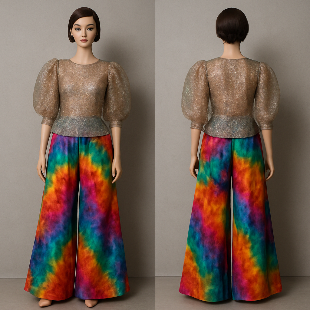 Create one of a kind colorful palazzo pant made from beautiful tie&dye fabric with a beautiful glittering organza top designed for high end fashionista that will make it look gorgeous on a mannequin with a face

Create one of a kind colorful palazzo pant made from beautiful tie&dye fabric with a beautiful glittering organza top designed for high end fashionista that will make it look gorgeous on a mannequin with a face, streetwear style, show front and back