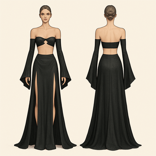 A two piece, the top covers the boobs and has a hoop in the middle with off the shoulder long sleeves covering the hands as they flare out at the ends, the skirt part is low waisted and flows down to the feet with hip slits